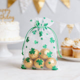 joycraft 4x6In St. Patrick's Day Organza Bags - 50Pcs Foil Green Clover Drawstring Gift Bag, Small Organza Favor Bags for St. Patrick, Party, Birthday, Irish Holidays