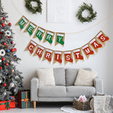 joycraft Merry Christmas Banner Burlap, Christmas Wall Banner, Vintage Christmas Banner, Christmas Fireplace Banner, Sock Shaped Christmas Bunting, Christmas Hanging Banner for Xmas, Home, Class