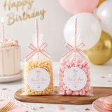 joycraft 100Pcs Clear Rice Krispie Treat Bags with Pink Sticks and Stickers,3.5x5.9 inch Clear Treat Bags,Cakesicle Bags,Flat Cellophane Bags for Macaron Pop,Candy,Apple Cookies,Cake Pop Packaging