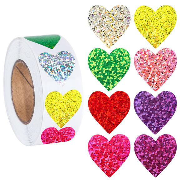 500Pcs Heart Stickers, 1 inch Glitter Foil Heart Labels for Reward, Small Heart Self Adhesive Stickers, 8 Colors Shiny Heart Stickers for Envelope Teachers Classrooms Reward Birthday Supplies