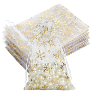 joycraft 50Pcs Christmas Drawstring Gift Bags, 4x6 Inches Christmas Organza Bags, Gold Foil Snowflake Party Favor Bag, Xmas Mesh Jewelry Pouch for Party, Candy, Goodie, Treat Bags