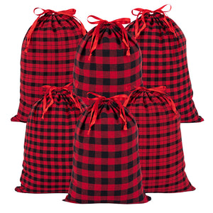 joycraft 6Pcs Christmas Buffalo Plaid Drawstring Bags, Cotton Christmas Drawstring Bags, Red and Black Christmas Gift Bags, Assorted Sizes Cloth Gift Bags for Gift Wrap, Christmas, Holiday, Birthday