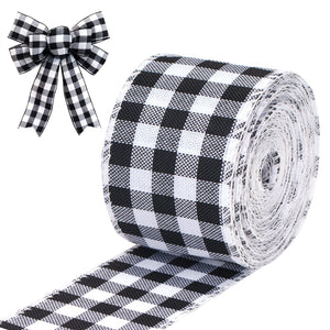 joycraft 2-3/8 Inch Burlap Ribbon, 10 Yards Buffalo Plaid Wired Ribbons, Black and White Burlap Ribbon, Christmas Burlap Fabric Ribbon, Burlap Ribbon for Big Bow Wreath Tree Decoration