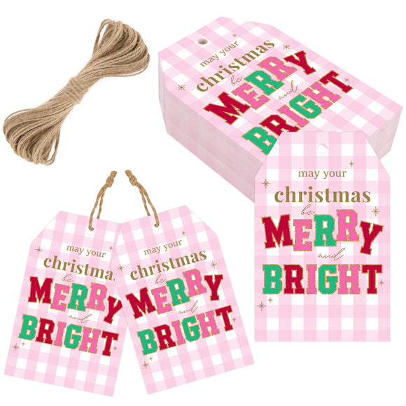 joycraft 50Pcs Christmas Gift Tags, 3.3x2.1 inch Merry Christmas Tags, Pink Plaid Xmas Paper Tags, Large Xmas Gift Wrap Tags, Personalized Winter Holiday Tags for DIY Craft, Bags, Xmas Party