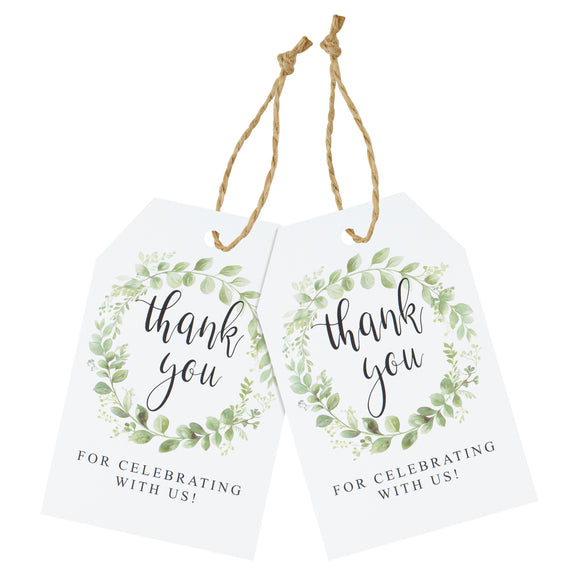 joycraft 50Pcs Thank You Gift Tags with String, 2.1x3.3 inch Thank You for Celebrating with Us Tags, Green Wreath Paper Gift Tags, Thank You Gift Wrapping Tags for Birthday, DIY Craft, Party Favor