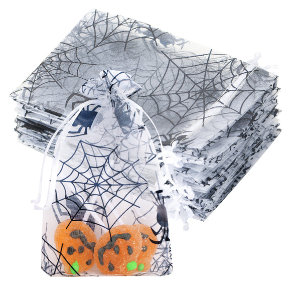 joycraft 50Pcs Halloween Organza Bags, 4x6 inch Halloween Organza Drawstring Bags, White Halloween Party Favors Bags for Candy, Snacks, Chocolates, DIY Craft