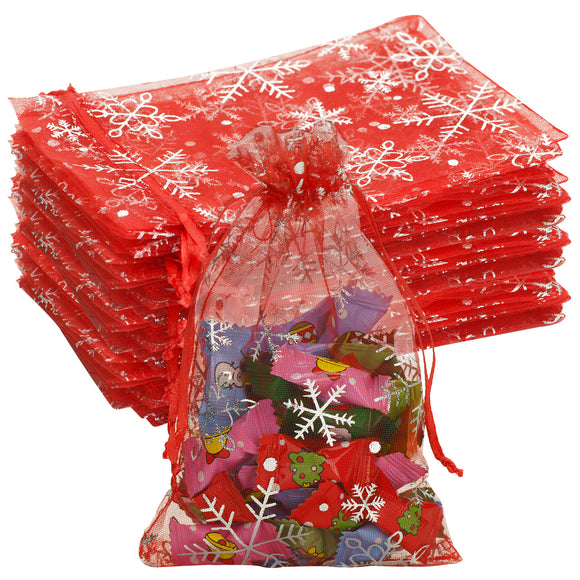 joycraft 50Pcs Christmas Drawstring Gift Bags, 4x6 Inches Christmas Organza Bags, Red Snowflake Party Favor Bag, Xmas Mesh Jewelry Pouch for Party, Candy, Goodie, Treat Bags