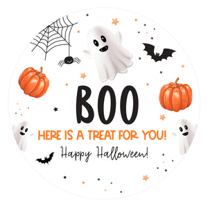 joycraft 60Pcs Happy Halloween Stickers, 2 inch Boo Halloween Stickers, White Round Halloween Holiday Gift Stickers for Goodie Bags Halloween Party Favors Gift Wrapping DIY Craft