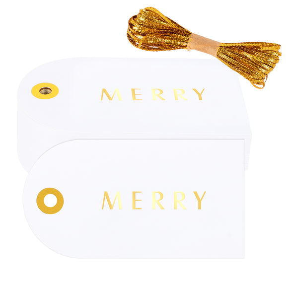 joycraft Christmas Gift Tags, 50Pcs Merry Christmas Tags with Ribbon, 3.5x2 inch Christmas Name Tags, Gold Foil Winter Holiday Tags, Personalized Merry Tags for Gift Wrapping, Party Favor, Bags