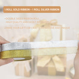 Joycraft Organza Gift Wrap Ribbon, 44 M Gold and Silver Ribbon for Christmas Wrapping Gift Craft - 2 Roll x 22M